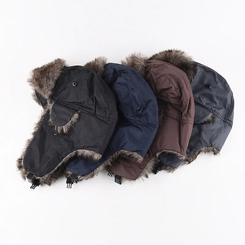 Men's Warm Soldier Hat Winter Pilot Patrolman Earmuffs Polyester Fiber Warm Russian Ski Hat Windproof Cold Pilot Hats