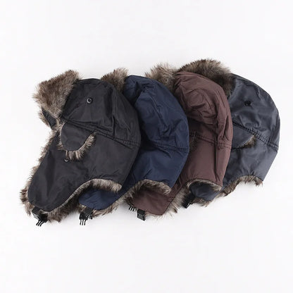 Men's Warm Soldier Hat Winter Pilot Patrolman Earmuffs Polyester Fiber Warm Russian Ski Hat Windproof Cold Pilot Hats