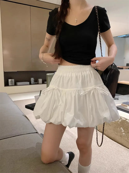 Sweet  Knot Puffy A-Line  Skirt Women's Summer Polyester Fiber High Waist Flower Bud Skirt Casual Sle