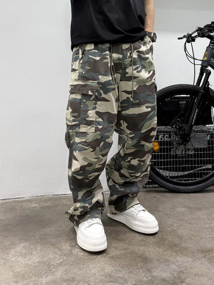 Vintage Camouflage Cargo Pants Men Tactical Multi Pocket Loose Fit Straight Leg Outdoor Casual High Quality Work Pants Trendy
