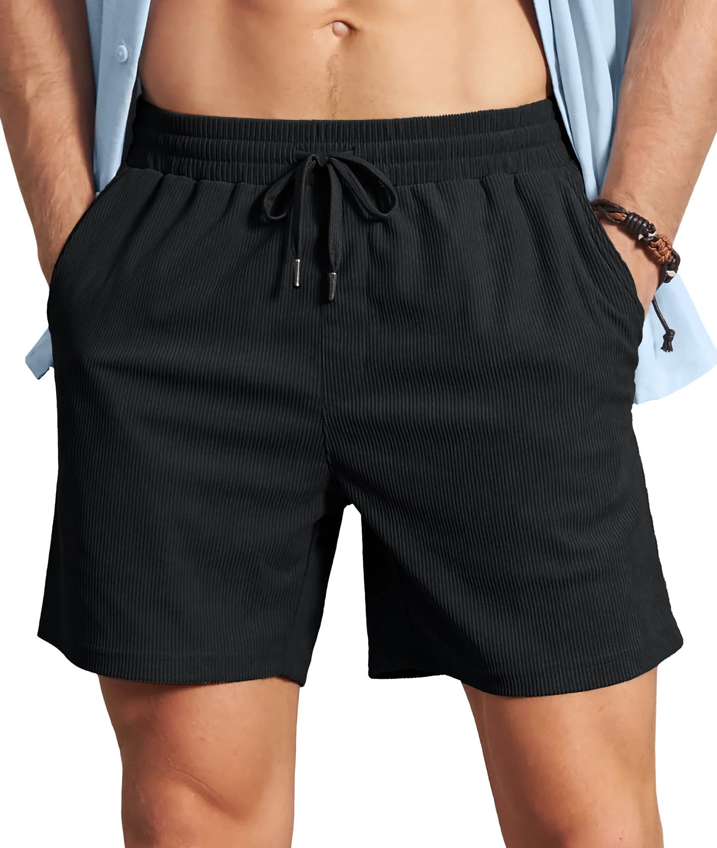 Men's Corduroy Texture Casual Shorts 6" Inseam for Summer Beach Vacation Elastic Waist Drawstring Lightweight Pockets