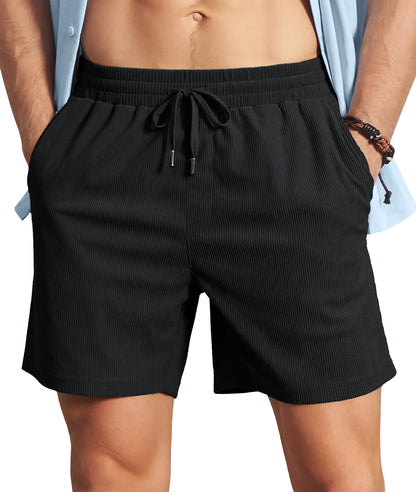 Men's Corduroy Texture Casual Shorts 6" Inseam for Summer Beach Vacation Elastic Waist Drawstring Lightweight Pockets