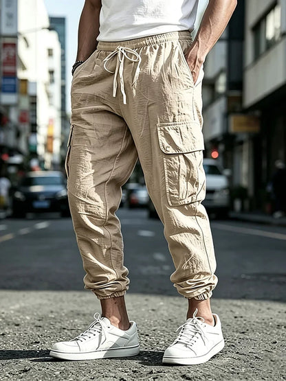 Men's Cotton Linen Blend Cargo Jogger Pants Elastic Waist Drawstring Multi Pockets Casual Breathable Streetwear Trousers for Men