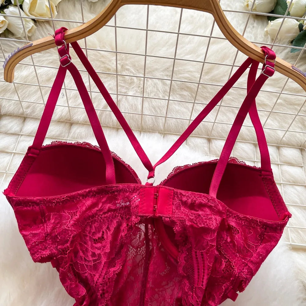 Sexy Lace Push Up Bodysuit See Through Mesh Patchwork Sleeveless Slim Thin One Pieces Elegant Women's Strappy Lingerie