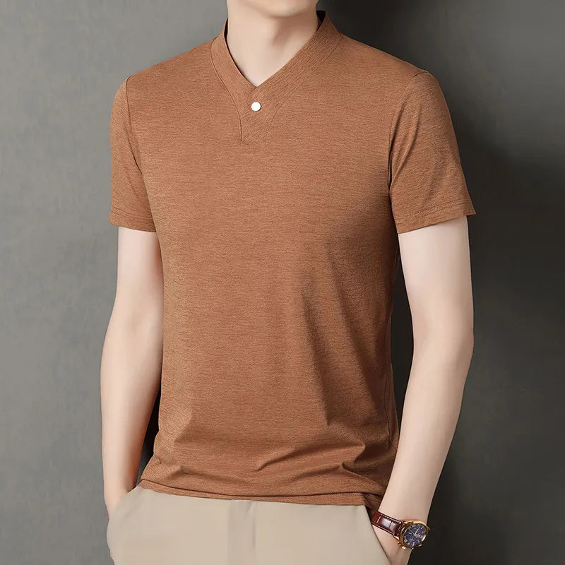 2026 Korean Style Men's Casual and Fashionable One Button V-neck Solid Color Short Sleeved T-shirt Summer Versatile Top