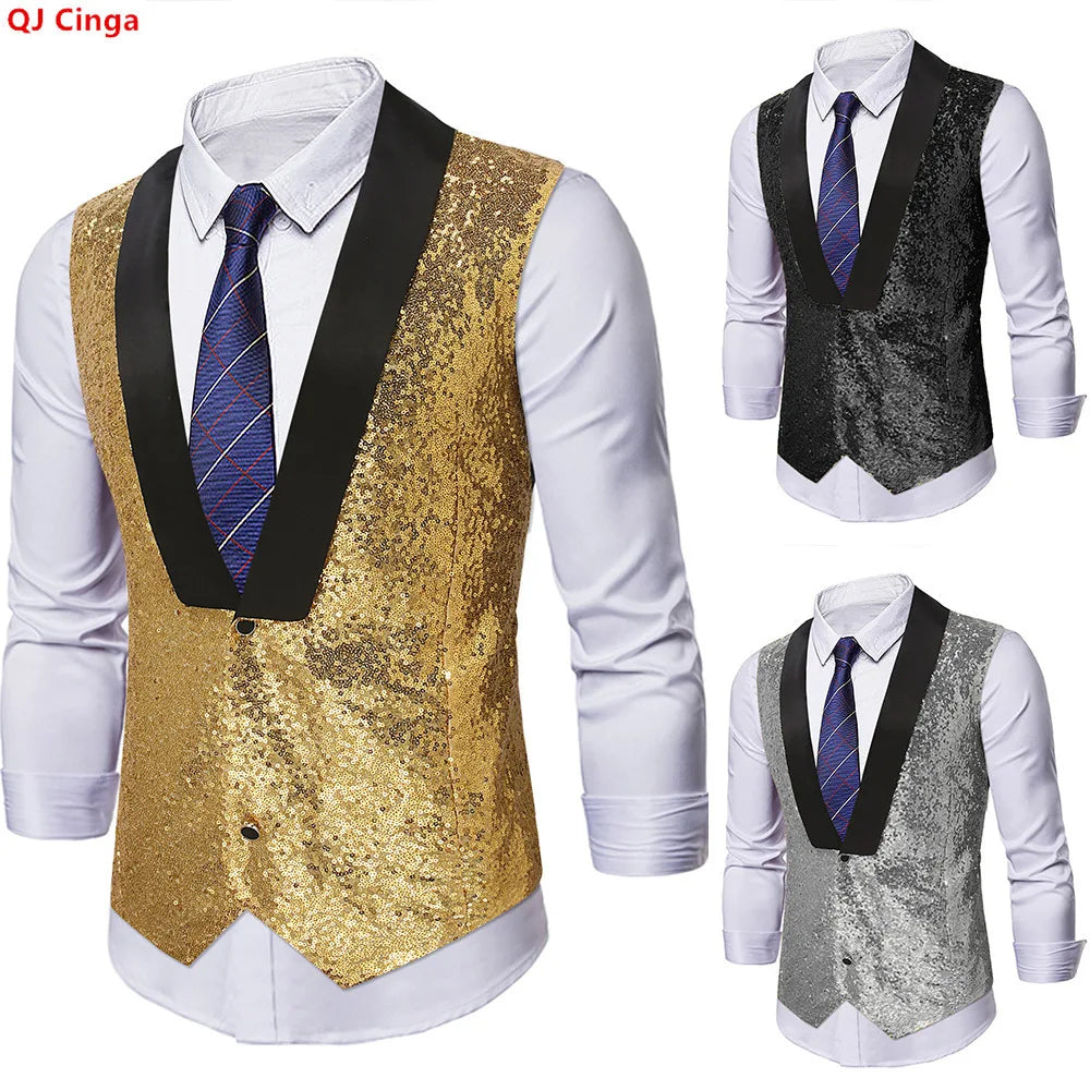 Men's Gold Sleeveless Blazer, Round Sequin-embellished Blazer Jacket, Perfect for Weddings, Parties, DJ Events, and Nightclubs.