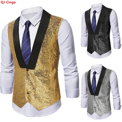 Men's Gold Sleeveless Blazer, Round Sequin-embellished Blazer Jacket, Perfect for Weddings, Parties, DJ Events, and Nightclubs.