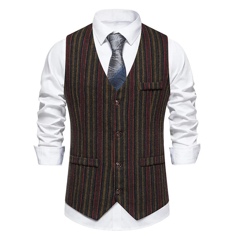 Men Waistcoat Autumn Vintage Striped Single-breasted Man Vest Slim Sleeveless Business Casual Versatile Male Suit Vest