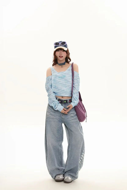 Blue Loose Wide Leg Jeans Women's Fashion High Waist Straight Cut Casual Trousers Autumn New Style Slimming Effect Cotton Pol...