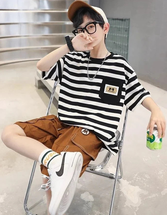 Stripes Children's Outdoor Clothes 4 Years Clothing Suit for Kids Boys Top Bottom Set Junior Shorts Summer Boy Child T-shirt 7 8