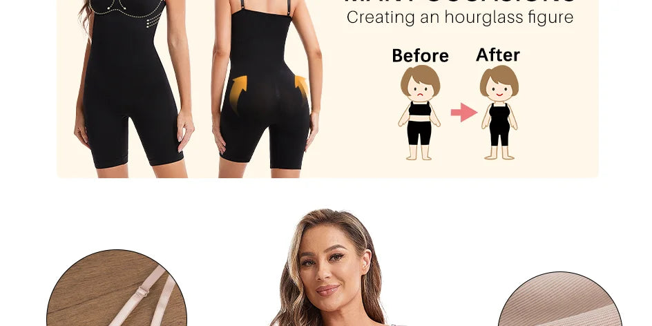 Seamless Women Bodysuit Butt Lifter Shapewear Waist Trainer Body Shaper Strappy-Back Chest Enhancing Corrective Underwear Corset