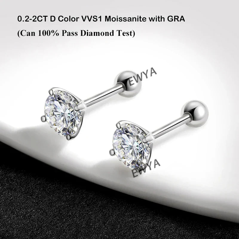 4 Prong 0.2-2ct D Color Moissanite Screw Earrings for Women Wedding Fine Jewelry S925 Silver Diamond Earring Ear Studs Gift