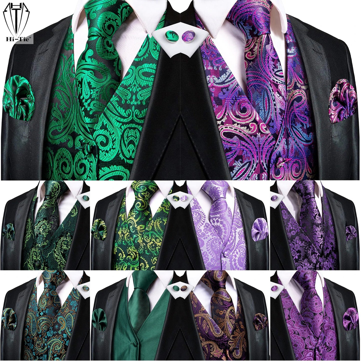 Green Mint Purple Mens Silk Vest Tie Jacquard Autumn Spring Suit Waistcoat Jacket Necktie Hanky Cufflinks for Men Wedding