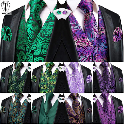 Green Mint Purple Mens Silk Vest Tie Jacquard Autumn Spring Suit Waistcoat Jacket Necktie Hanky Cufflinks for Men Wedding