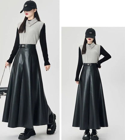 Vintage PU leather women midi skirts Y2K Autumn high waist Streetwear with belt pleated Skirt female elegant Solid A line skirts