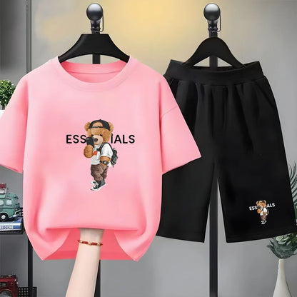 Kids Brand Little Bear Round Neck T-shirt+Shorts Set Clothing Fashion Boy Girl 3-12Yrs Sports Short-Sleeved Casual Set Summer