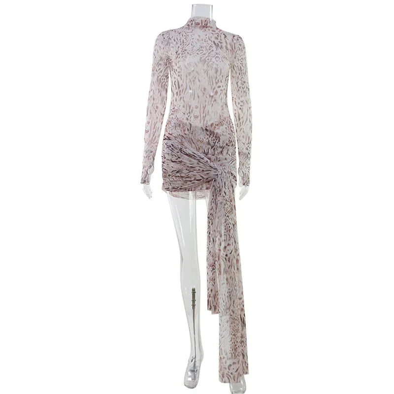 Sexy Sheer Women'Mini Dresses Turtleneck Print Regular Long Sleeves Ribbon Sheath Bodycon Casual Streetwear Female Robe