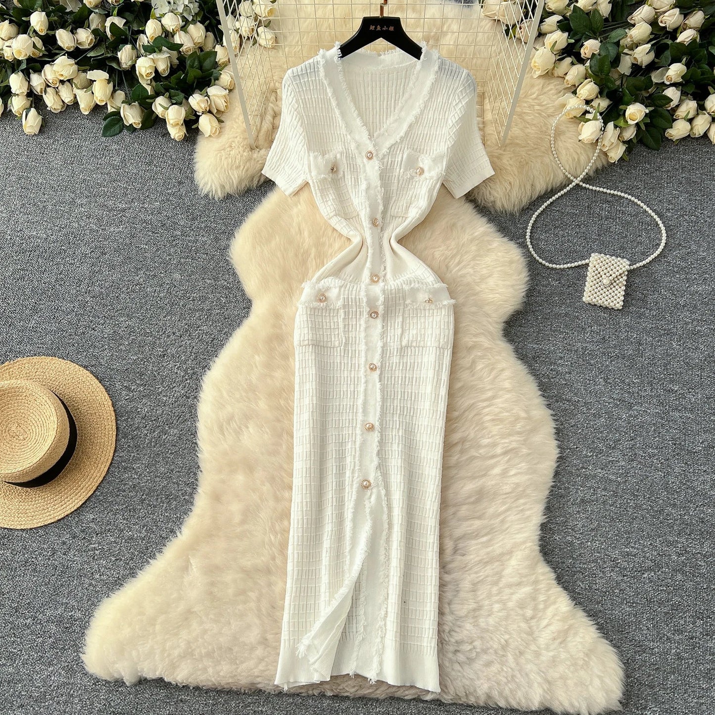 High Quality Elastic Knitted Long Sundress Women Short Sleeves Button Design Office Lady Vintage Split Slim Dress