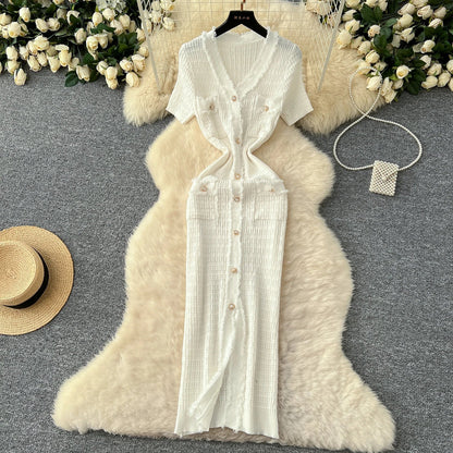 High Quality Elastic Knitted Long Sundress Women Short Sleeves Button Design Office Lady Vintage Split Slim Dress