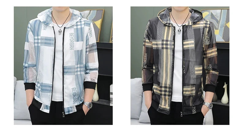 Men's Summer Mesh Sun Protection Clothing Trendy Stripe Print Ice Silk Cool Feeling Breathable Quick Dry Hooded Jacket