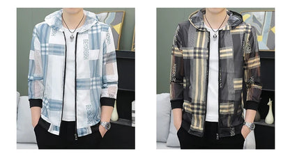 Men's Summer Mesh Sun Protection Clothing Trendy Stripe Print Ice Silk Cool Feeling Breathable Quick Dry Hooded Jacket