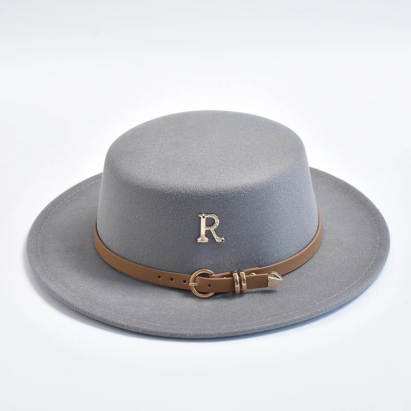 New Metal R Letter Fedora Hat for Women Fashionable Winter Flat Top Wedding Church Bowler Cap Females Elegant Holidays Hat