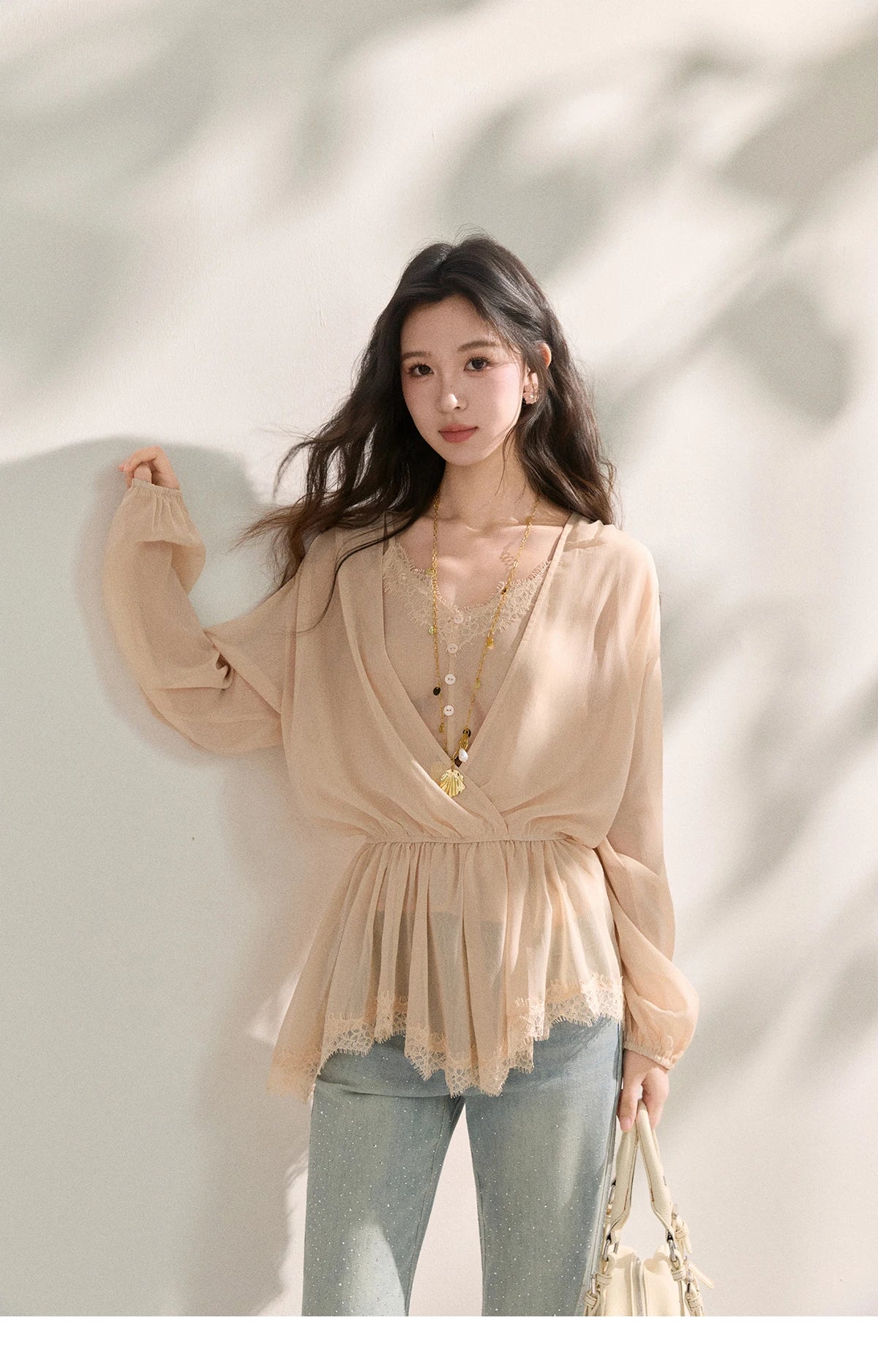Women's French Style Beige Sheer Chiffon Blouse V Neck Lace Trim Elastic Waist Peplum Top For Spring Summer MXF16T1588