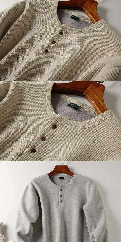 Men's Fleece - Lined Thickened Long - Sleeved Henley Neck Waffle Knit T - Shirt