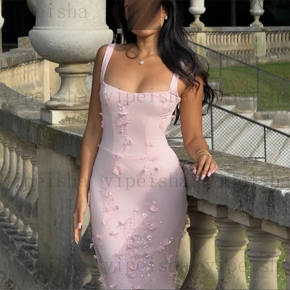 Customized square collar mermaid Evening Dresses spaghetti strap Party Dress 3D Flowers Sequined Lace Appliques Long Prom Gown