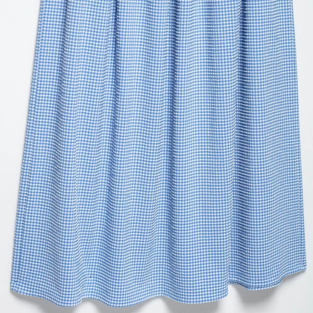 Dress for Women Fashion Summer New Plaid Fold Sleeveless O-neck Midi Vest Dresses French Chic Female Evening Clothing