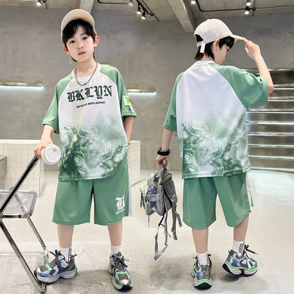 New Boys Clothing Sets Summer T-Shirt Short Sleeve+Shorts Kids Boy Sportsuit Children's Outfits Suit Teenager 5 6 8 10 12 14Yrs