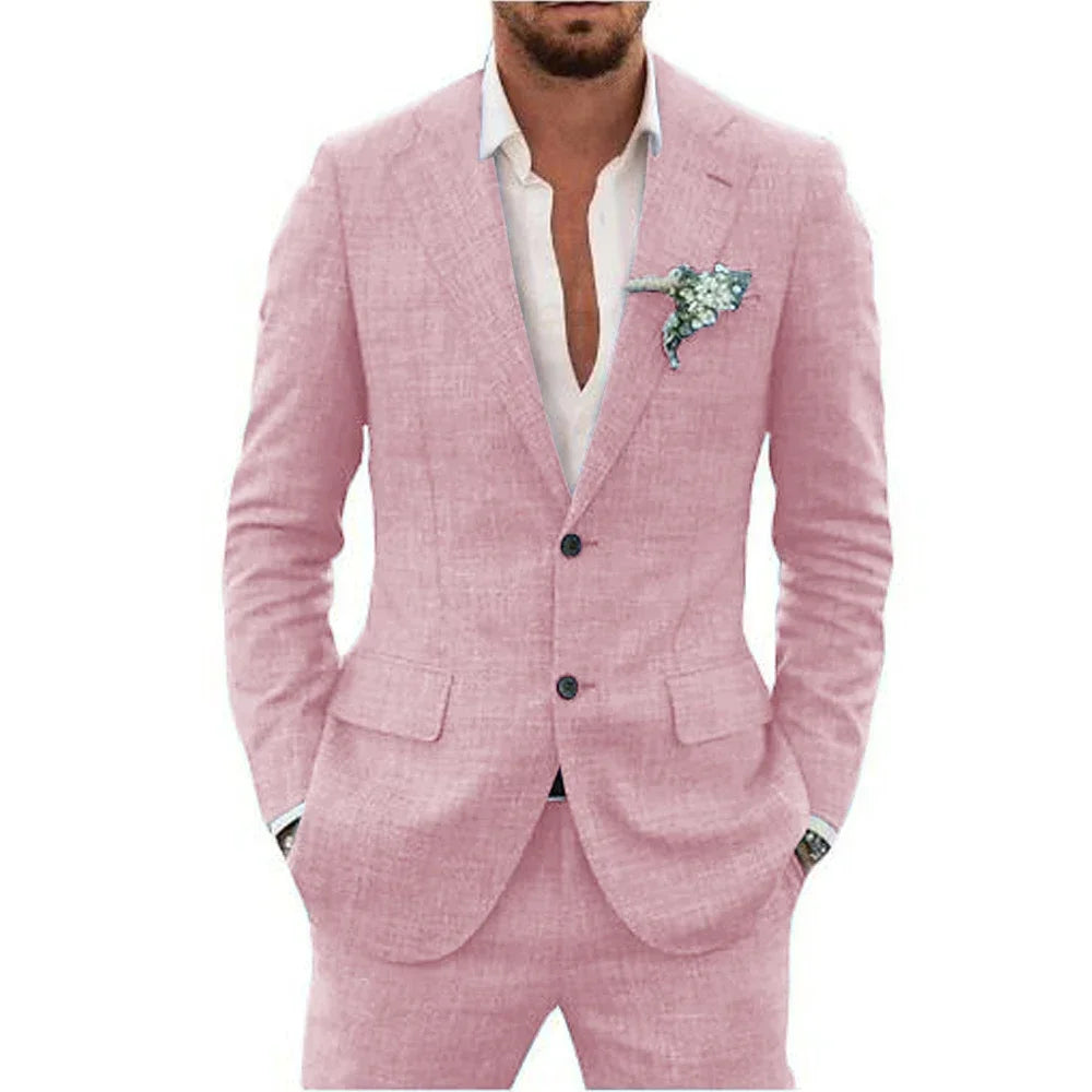 High Quality Linen Suits for Men Two Piece Formal Notch Lapel Single Breasted Male Suit Beach Casual Elegant Wedding Tuxedo