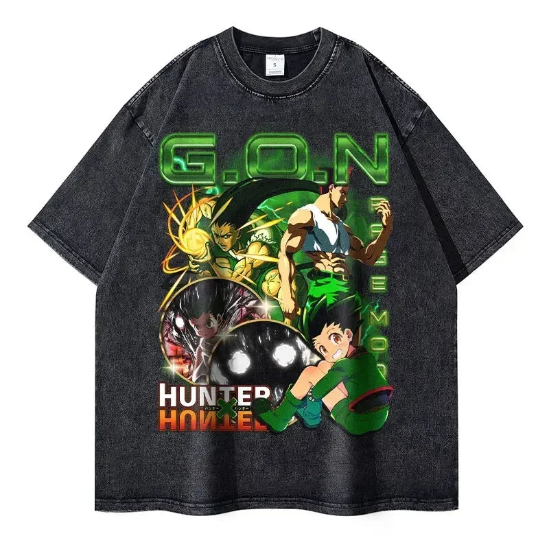 T-shirts Vintage Washed Anime Hunter T Shirt Oversize Manga Killua Zoldyck Gon Hisoka Chrollo Tops Tees Men 100% Cotton