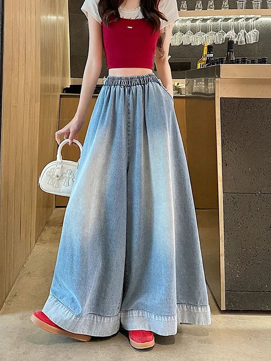 Casual High Waist Wide Leg Jeans Women's Loose Fit Summer Faion plus Size American Sle Cuffed Casual Denim Skirt Pants