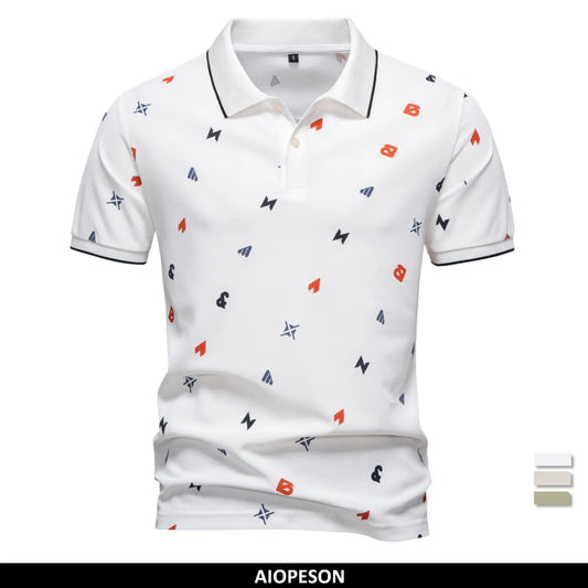 ‌2025 Summer New Men's Solid Color Polo Shirt with Printed Turn-Down Collar Casual Slim Fit Breathable Comfortable Top‌