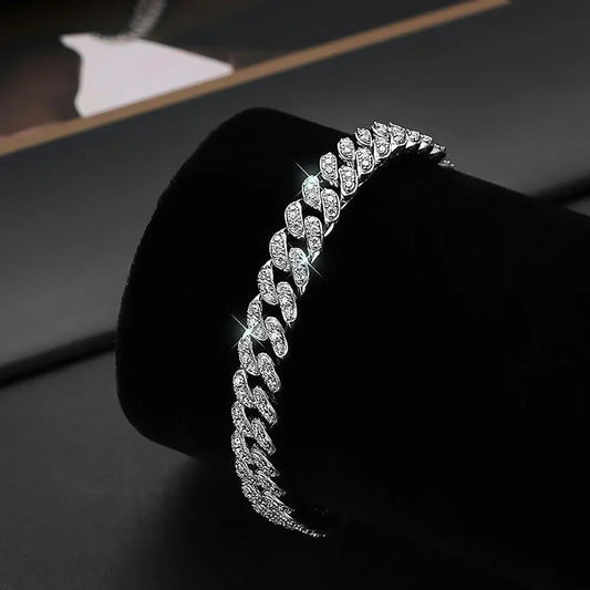 Bracelets à maillons cubains de 8 mm en moissanite pour femmes et hommes, en argent sterling 925, style hip-hop punk, sertis de diamants.