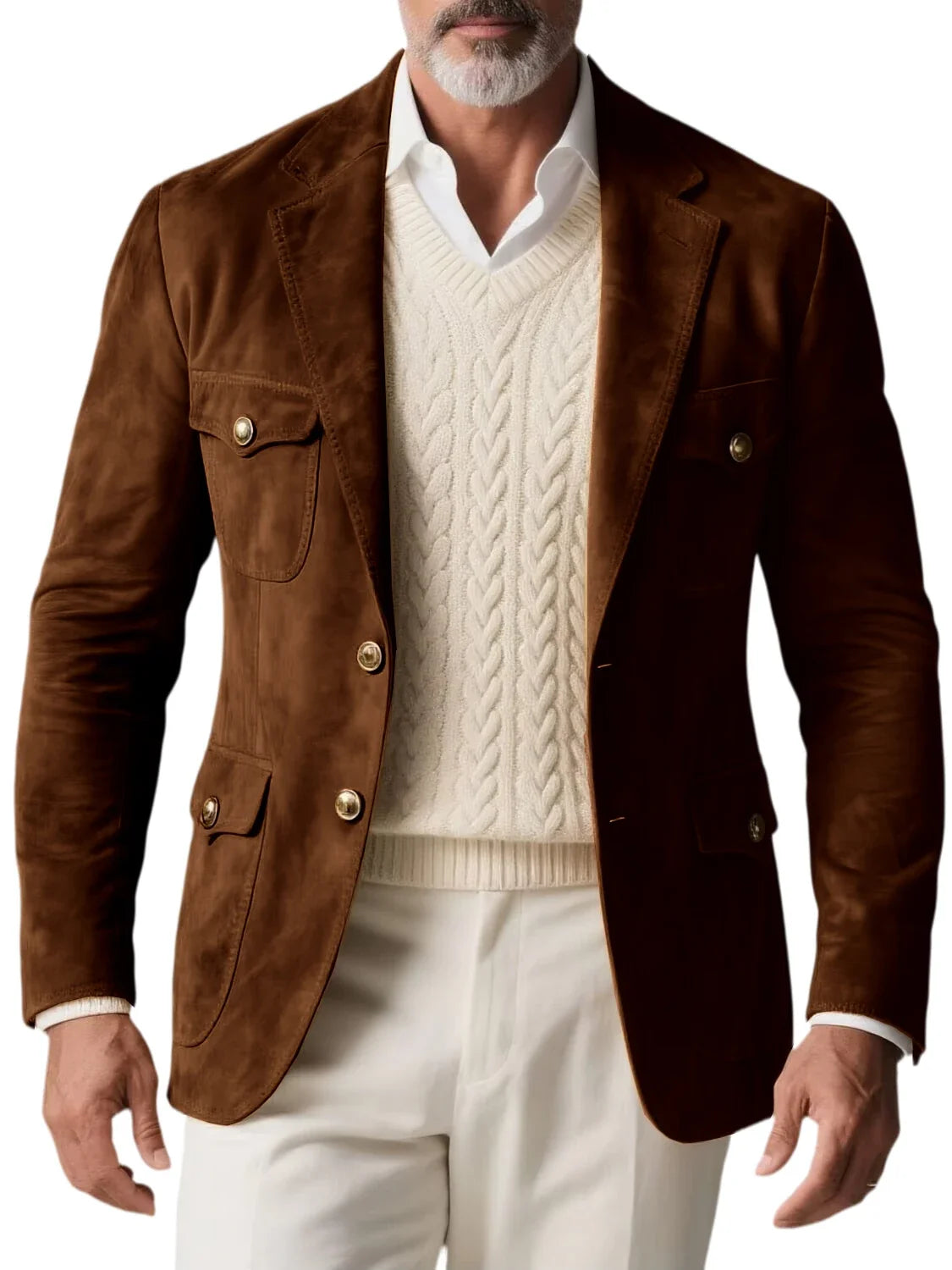 1970s Men's Suede Blazer Retro Slim Fit Two Buttons Multi Pocket High Quality Jacket Fashion Casual Sport Coat For Daily Wear