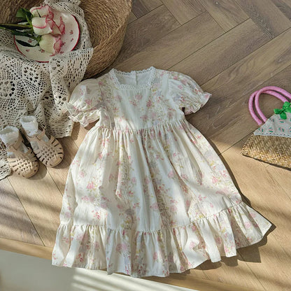 Floral Square Neck Girl's Dress French Gentle Style Summer Lace Short Sleeved Children's Cake Princess Dress Children's Clothing