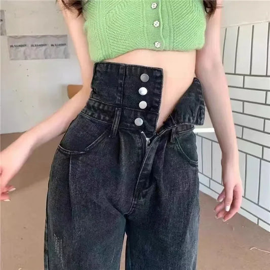 Hight Waist Denim Pant Women Jeans Vintage Straight Trousers Jeans Autumn Spring Fashion Female Black Casual Wide Leg Pants