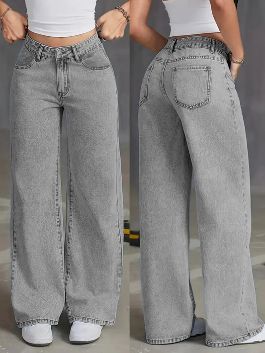 Autumn new high-waisted wide-leg women's jeans - light grey washed jeans, loose and fashionable, suitable for casual wear