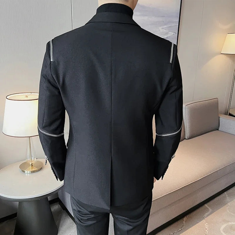 2024 Autumn New Zipper Decoration Blazer Men Casual Slim Fit Business Dress Coats Homme Formal Social Prom Tuxedo Men Clothing