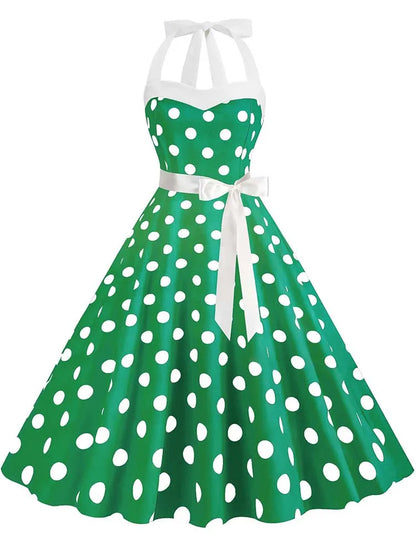 Women Summer Party Dress With Belt Polka Dot Print Halter Hepburn Robe 50s 60s Vintage Dresses