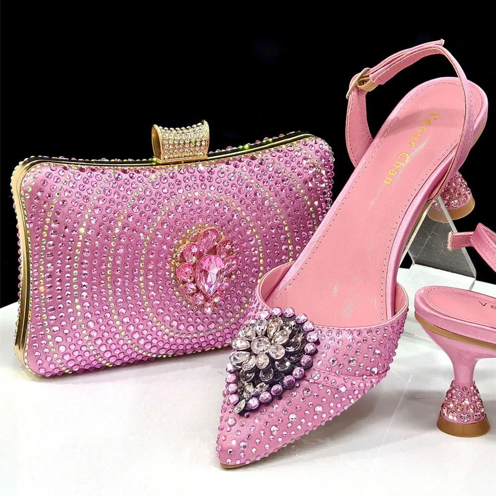 Blue Color Rhinestone Comfortable high heel shoe And Bag Fashion Style Pointed-Toe Shoes For Women Or Commuting Shoes