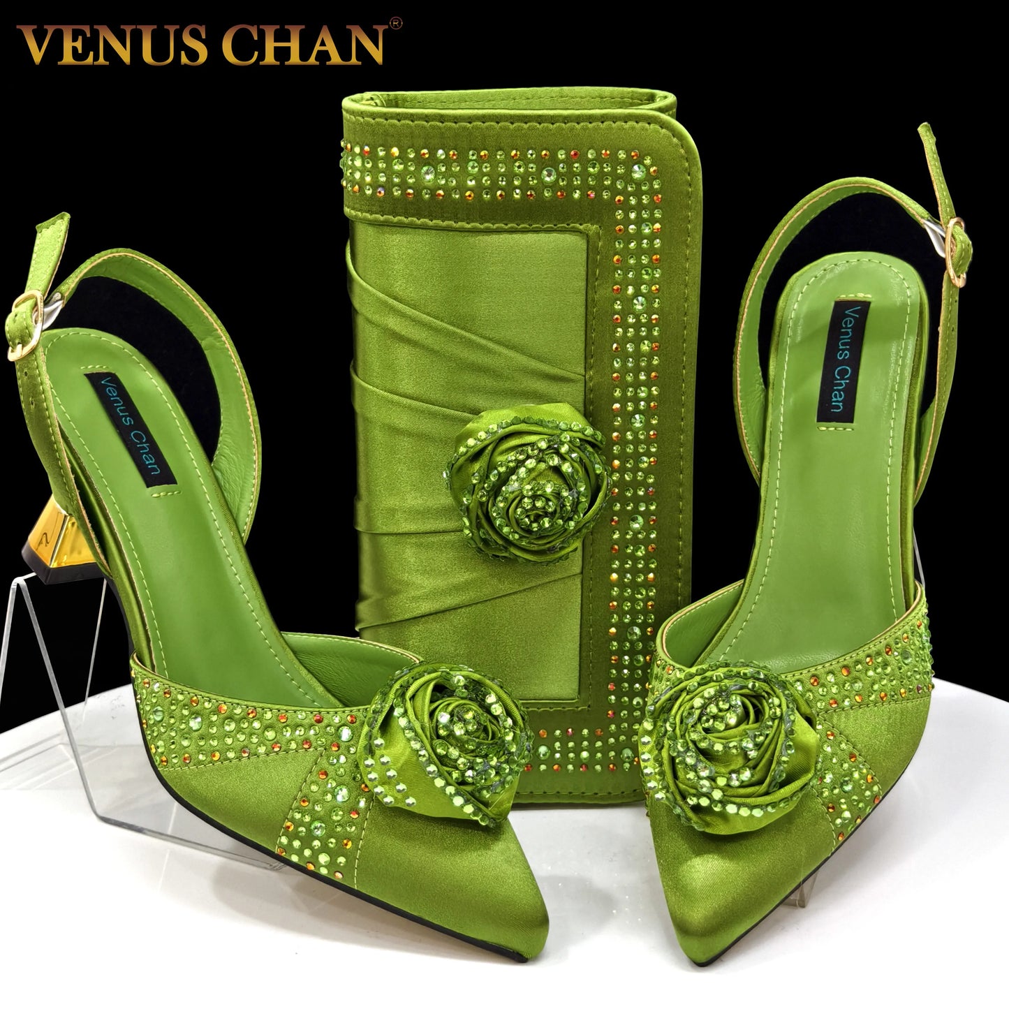Sparkling Rhinestone Rose Pumps With Medium Heel for Nigerian Women's Party, Pointed Toe Shoes and Matching Bags