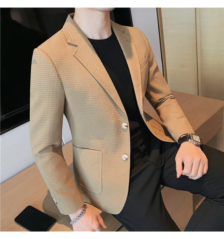 Plus Size 4XL-M Autumn New Waffle Suit Jacket Men Two Buttons Slim Fit Business Casual Blazers Homme Formal Groom Prom Tuxedo