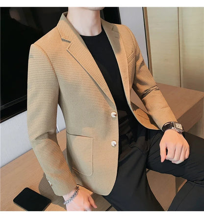Plus Size 4XL-M Autumn New Waffle Suit Jacket Men Two Buttons Slim Fit Business Casual Blazers Homme Formal Groom Prom Tuxedo