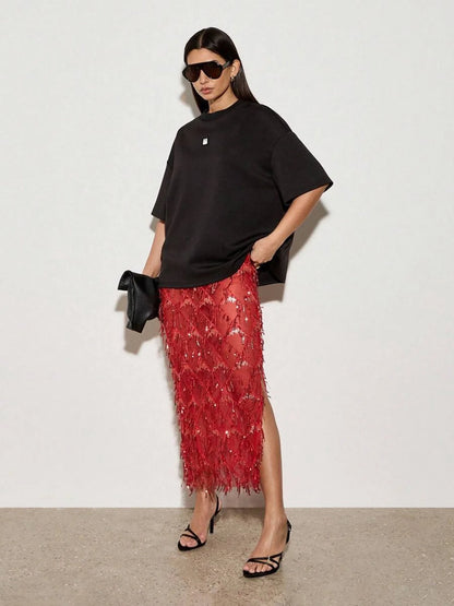 Elegant Club Party Perspective Half Skirt Tassel Sequin Spring Summer Skirt Fashion High Waisted Solid Color Women's Long Skirt