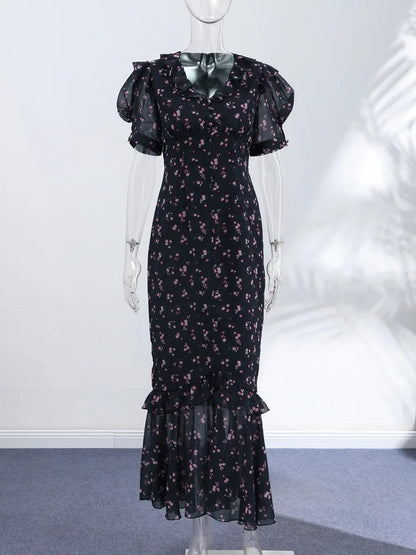 Floral Print Women's Summer Ruffle Dress Sexy V-neck Short Puff Short Sleeve Beach Slim Female Dress 2026 Holidays Lady Robe