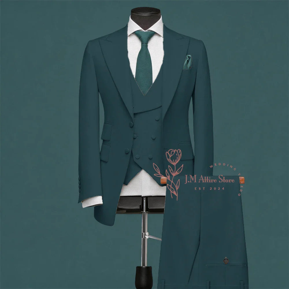 Light Green Men’s Suit Slim Fit Peak Lapel Jacket Double Breasted Vest Pants Wedding Formal 3 Piece Party Set For Groomsmen