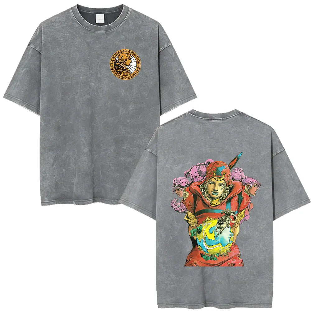 Anime Jojo Bizarre Adventure STEEL BALL RUN Manga Vintage Acid Washed T Shirt Men Women Casual Short Sleeves T-shirt Streetwear